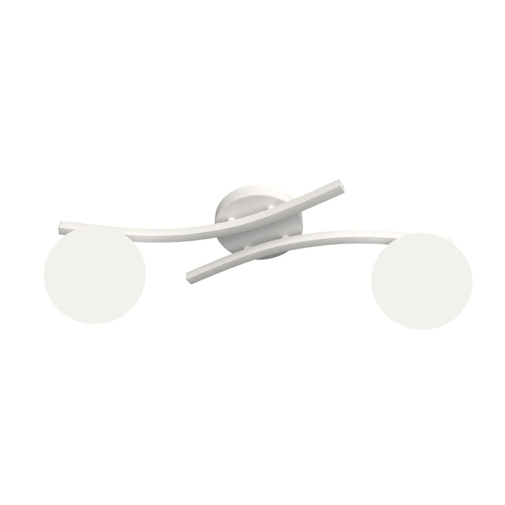 Witte plafondlamp met twee gebogen armen en twee ronde witte glazen kappen rond een ronde luifel