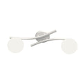 Witte plafondlamp met twee gebogen armen en twee ronde witte glazen kappen rond een ronde luifel