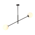 Zwarte hanglamp met dwarsbalk en twee ronde witte glazen kappen aan een dunne stang