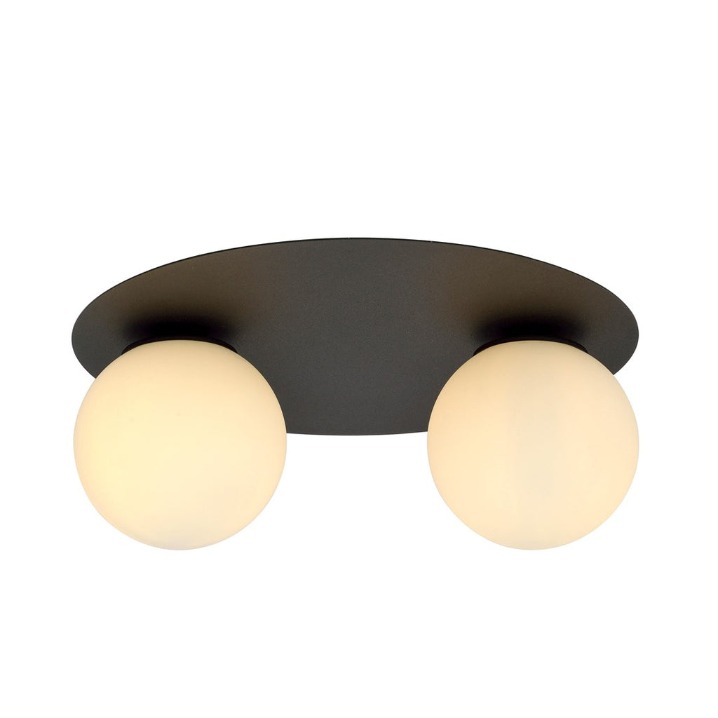 Zwarte ovale plafondlamp met twee ronde witte glazen kappen