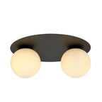 Zwarte ovale plafondlamp met twee ronde witte glazen kappen