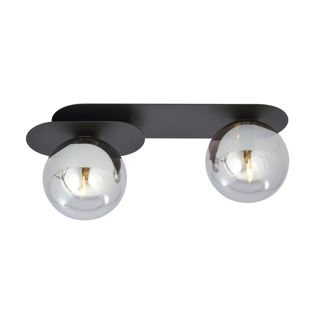 Zwarte plafondlamp met twee ronde grafiet glazen kappen op een ovale stalen opbouwplaat