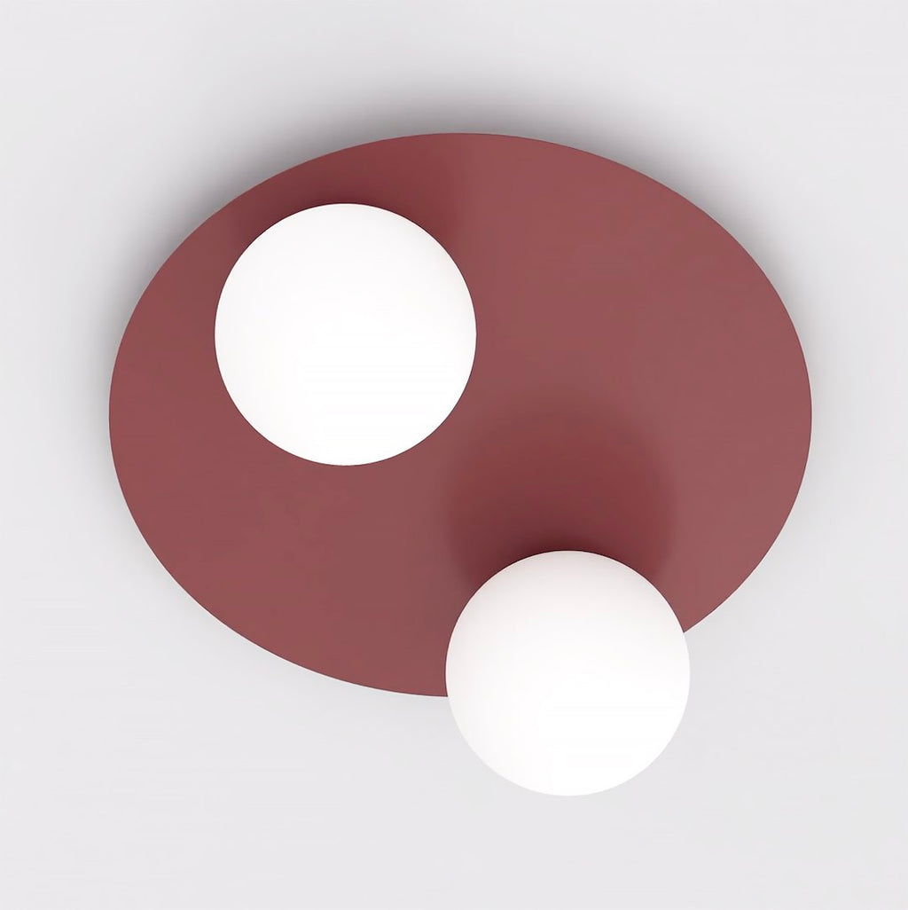 Plafondlamp gepoedercoat staal en glas Solar, bordeaux met 2 witte glazen bollen, 43 cm, woonkamer en slaapkamer