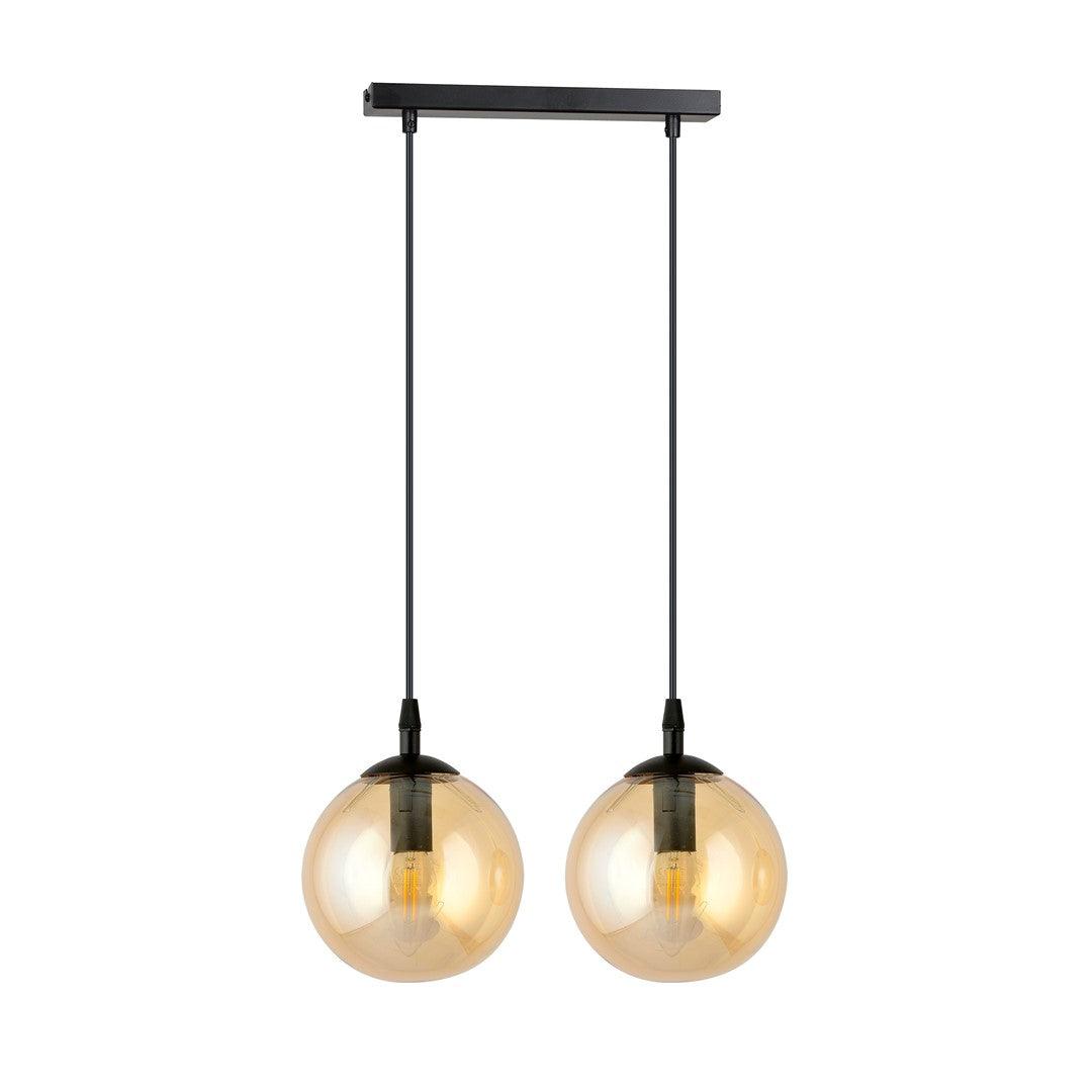 Hanglamp 2 lichts gepoedercoat staal en glas, Cosmo, zwart met amberkleurige kappen Ø 14 cm, eetkamer