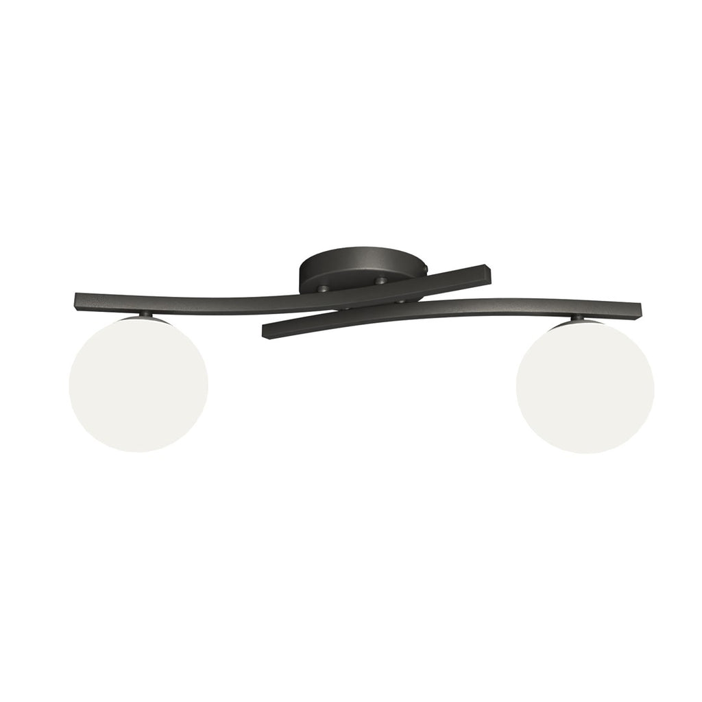 Plafondlamp gepoedercoat staal en glas Opus zwart met witte glazen kappen, 2 lichts E14 – woonkamer, eetkamer, slaapkamer