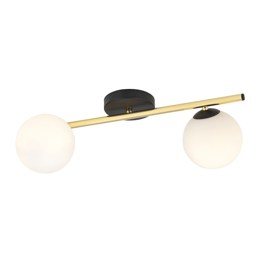 Plafondlamp Splendi gepoedercoat staal en glas, modern, zwart en goud met witte glazen kappen, 2 lichts, 55 cm