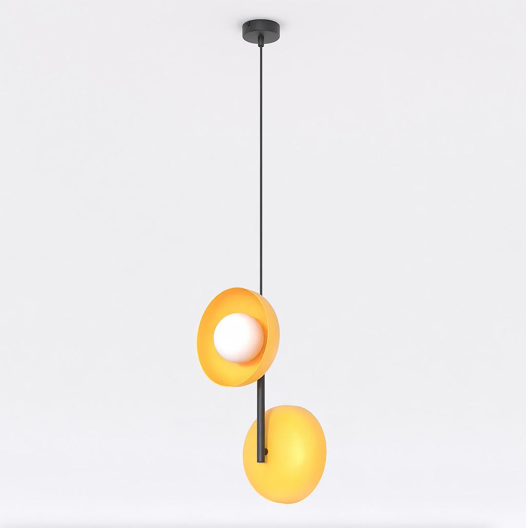 Hanglamp gepoedercoat staal en glas Vanille 2 minimalistisch oranje met witte kappen, 2 lichtpunten G9 voor eetkamer