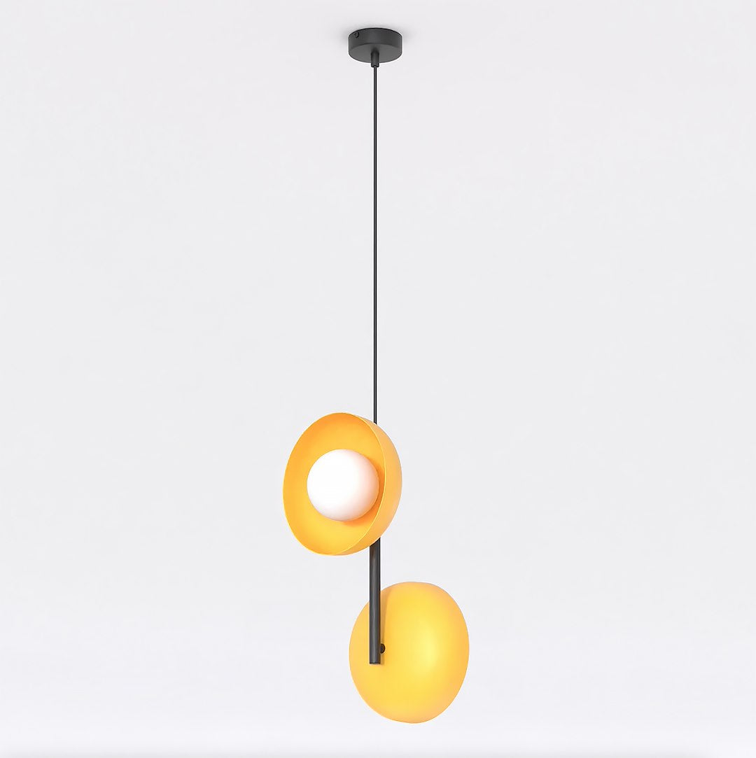 Hanglamp gepoedercoat staal en glas Vanille 2 minimalistisch oranje met witte kappen, 2 lichtpunten G9 voor eetkamer