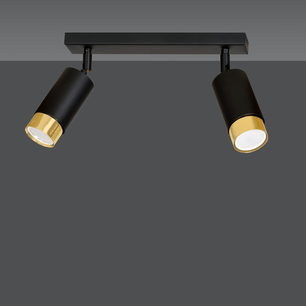 Plafondlamp gepoedercoat staal modern Hiro zwart met goud, 2 richtbare spots, 30 cm breed