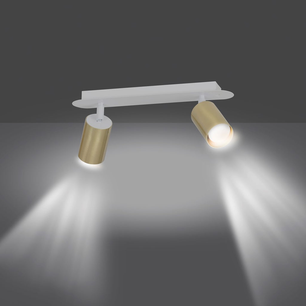 Plafondlamp gepoedercoat staal Zen, modern, wit met messingkleurige spotkappen, 2 spots, 42 x 18 cm