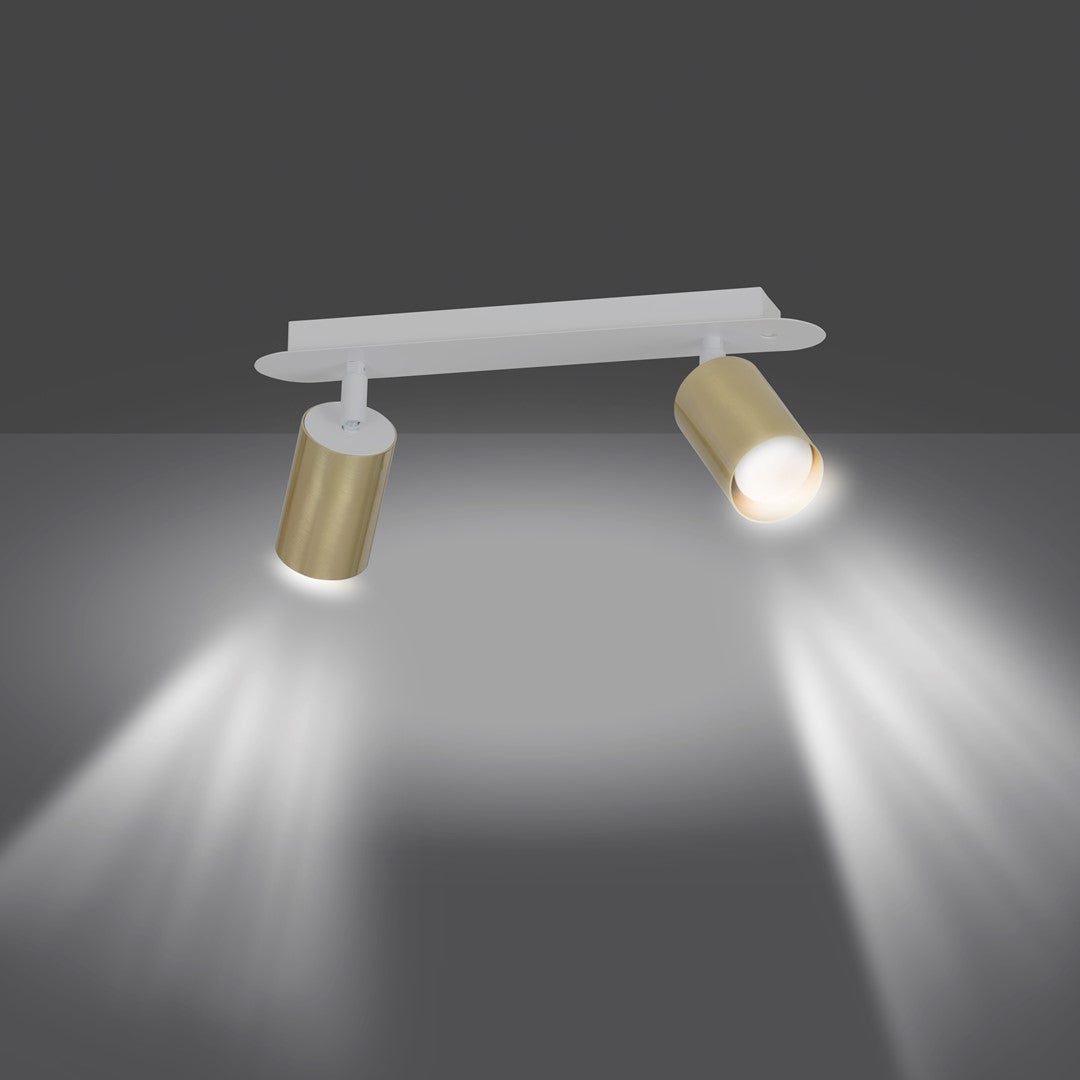 Plafondlamp gepoedercoat staal Zen, modern, wit met messingkleurige spotkappen, 2 spots, 42 x 18 cm