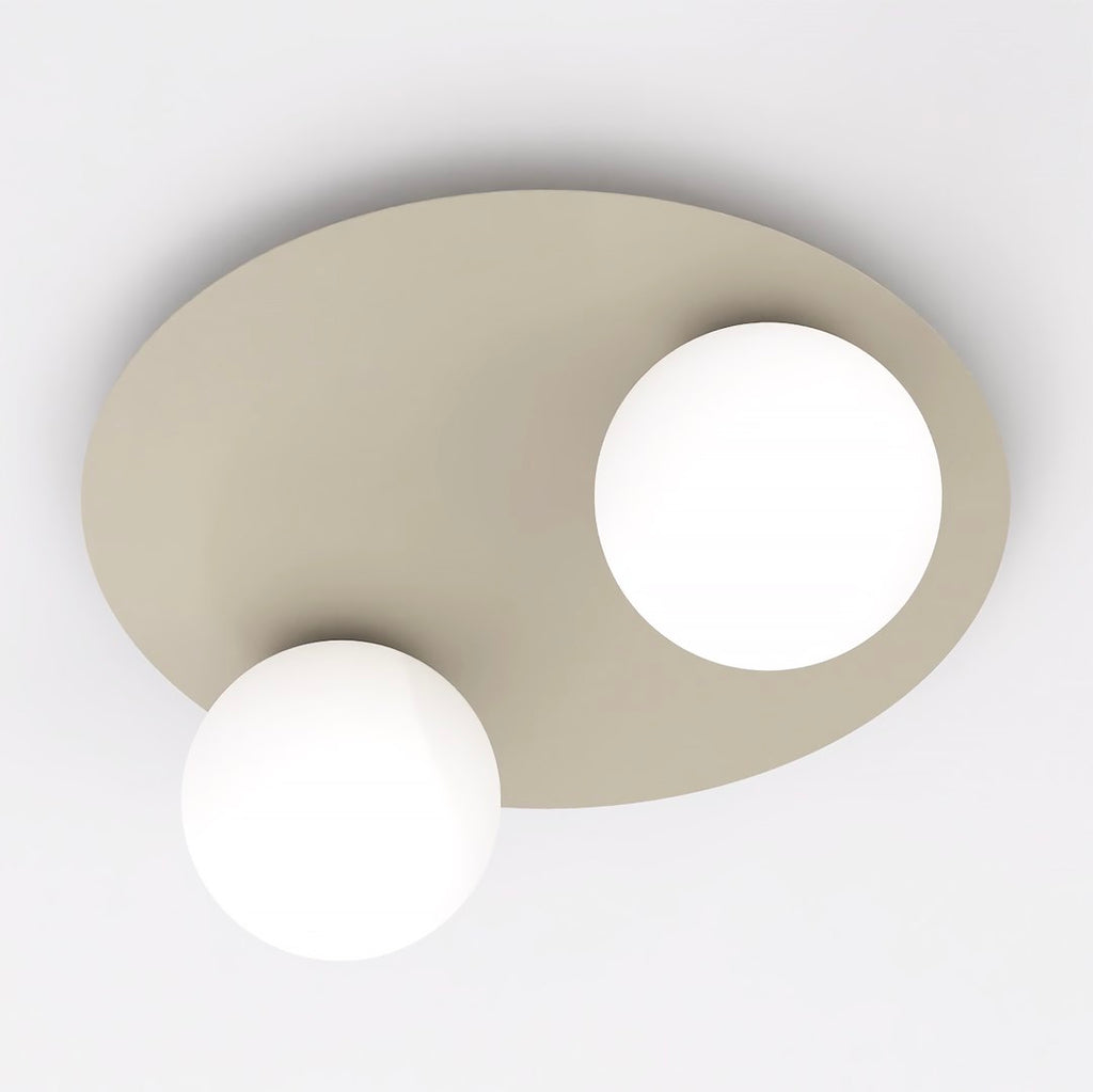 Plafondlamp gepoedercoat staal modern beige, 2 witte glazen bollen, breedte 43 cm, voor woonkamer en slaapkamer
