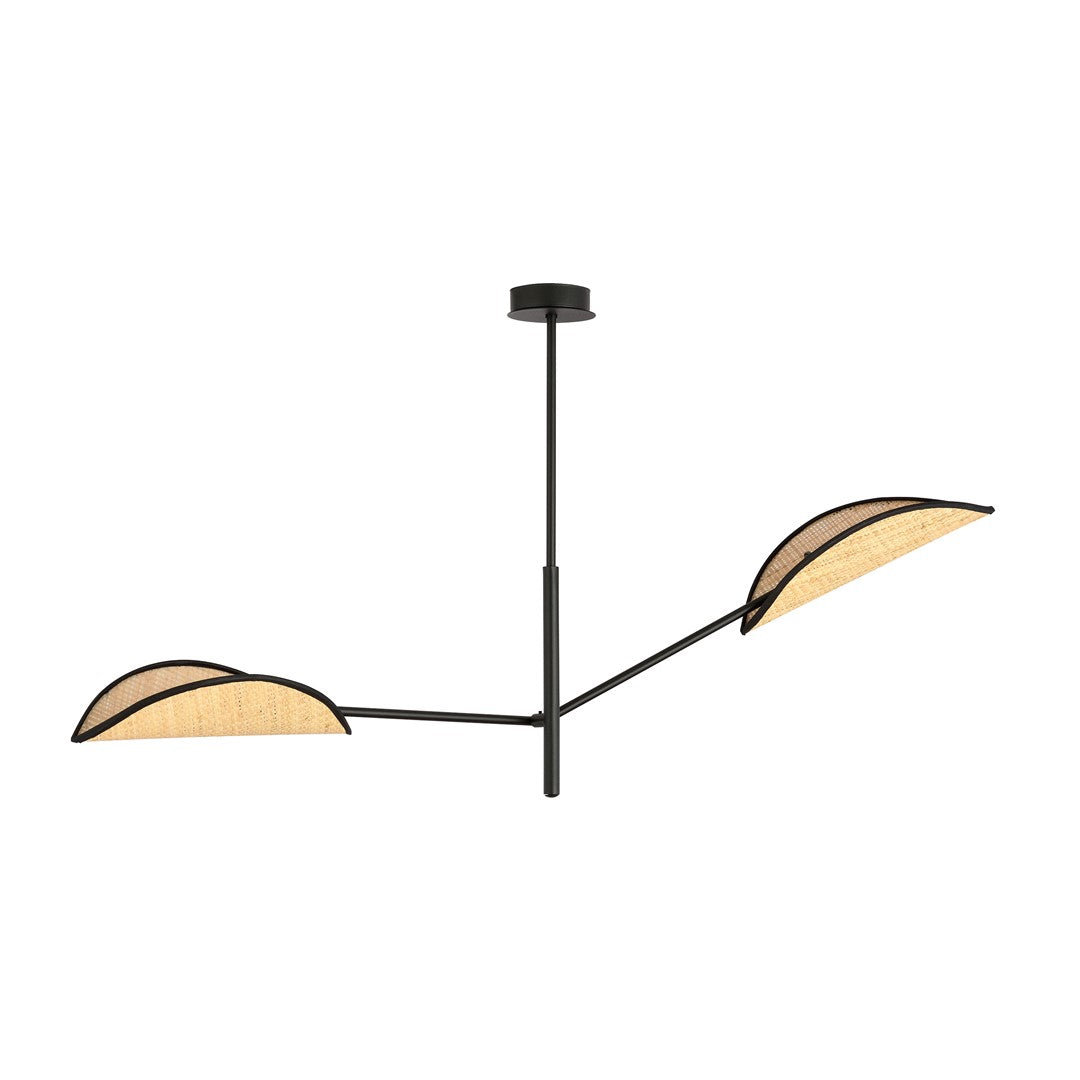 Plafondlamp gepoedercoat staal en rotan Vene, zwart met bruine bladvormige kappen, 2 lichtpunten, 102 x 51 cm, boho