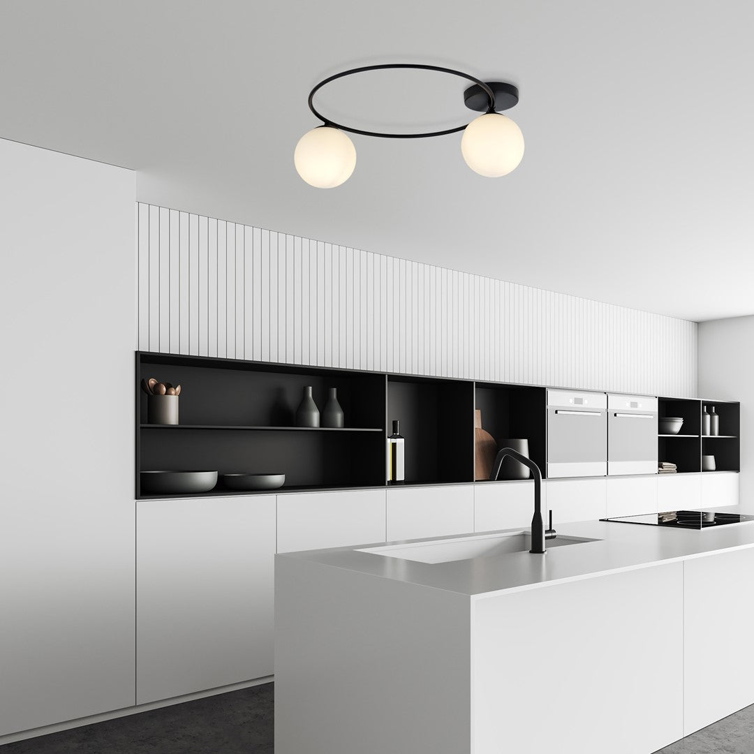 Plafondlamp Sopra 2 gepoedercoat staal en glas, minimalistisch, zwart met witte glazen kappen, 47 x 20 cm