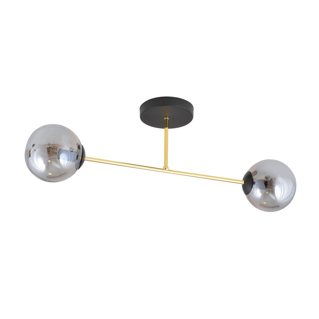 Plafondlamp gepoedercoat staal en glas, Magnum, zwart en goud met grafiet glazen kappen, 2 lichts, 55 cm breed