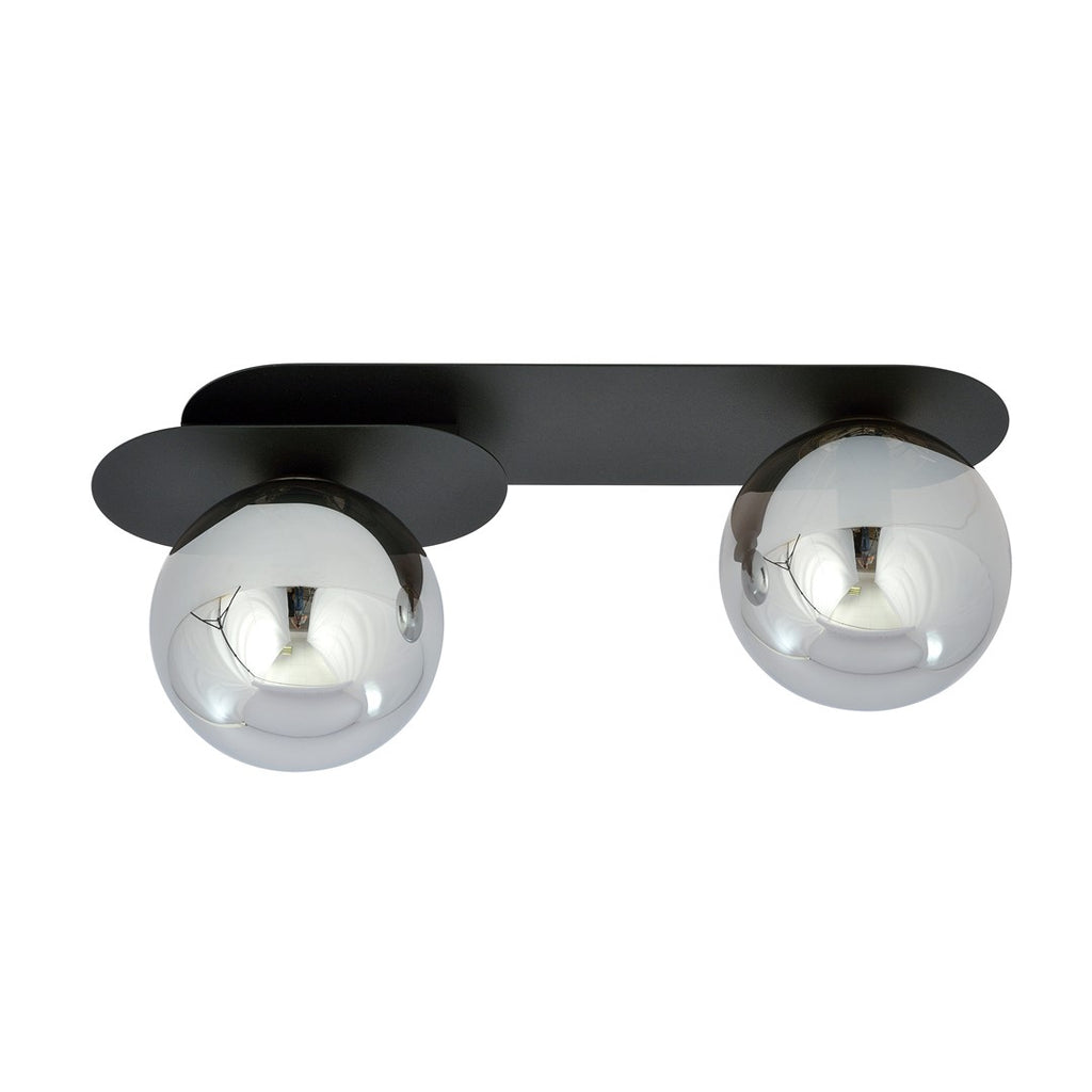 Plafondlamp gepoedercoat staal en glas Plaza 2 lichts, modern, zwart met grafiet glazen kappen, 45 cm