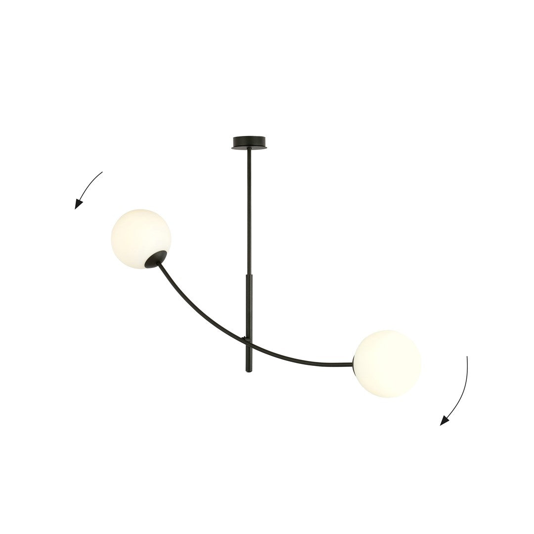 Plafondlamp gepoedercoat staal modern Hunter zwart met witte glazen kappen, 83 x 60 cm, 2 fittingen