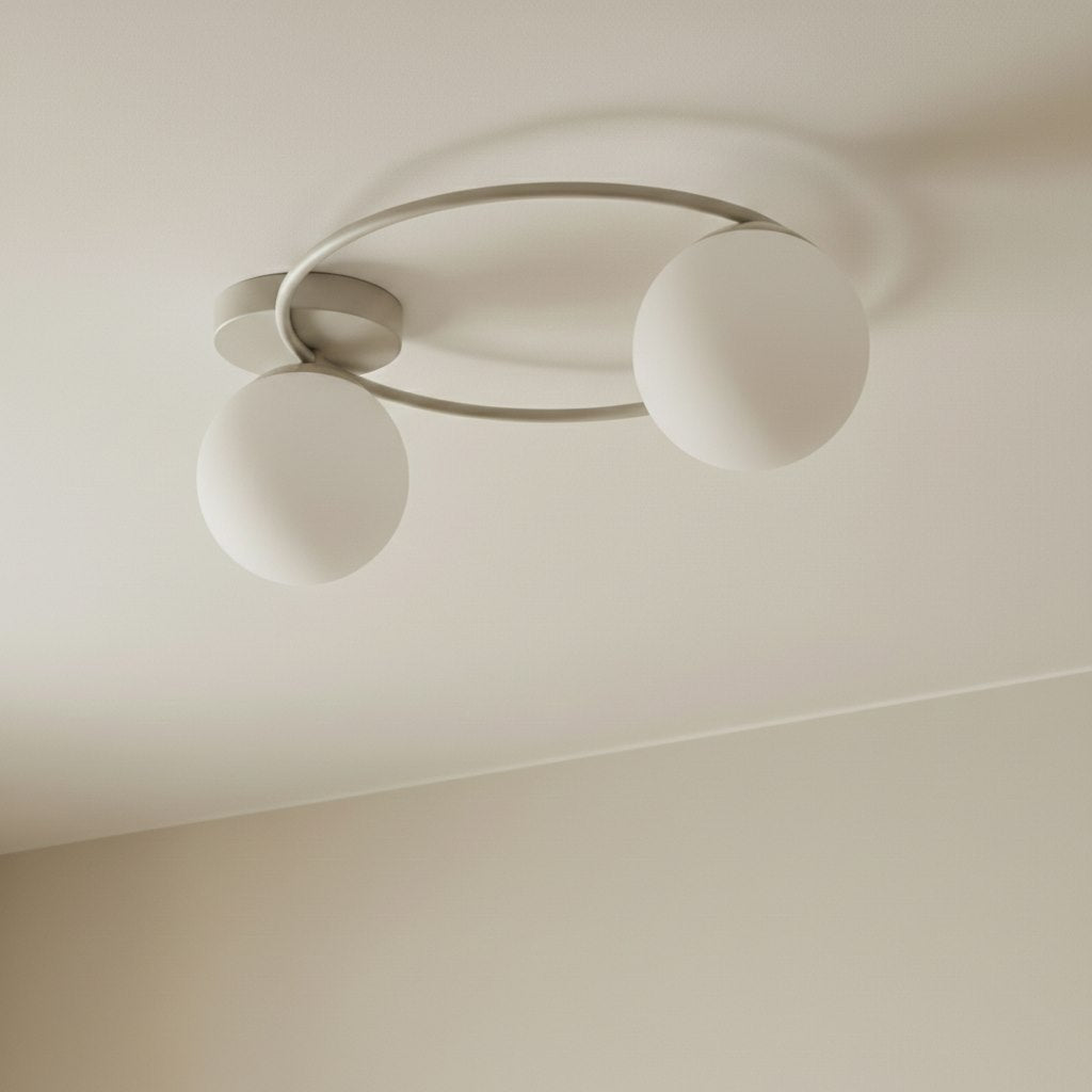 Plafondlamp staal en glas Sopra modern beige met witte glazen kappen Ø 47 cm, 2 fittingen E14, woonkamer