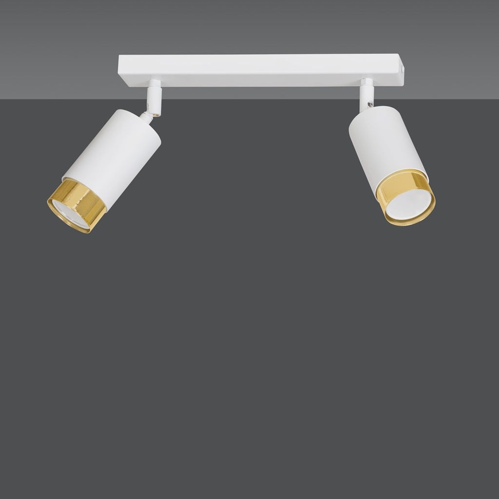 Plafondlamp gepoedercoat staal Hiro modern wit en goud, 2 spots met GU10-fitting, 30 cm breed