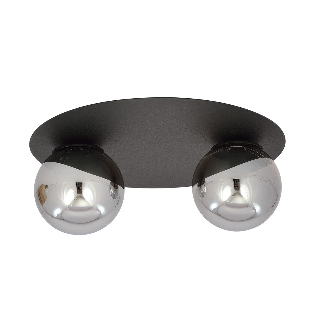 Plafondlamp Solar 2 gepoedercoat staal en glas, zwart met grafiet glazen kappen, 2 lichtpunten, E14