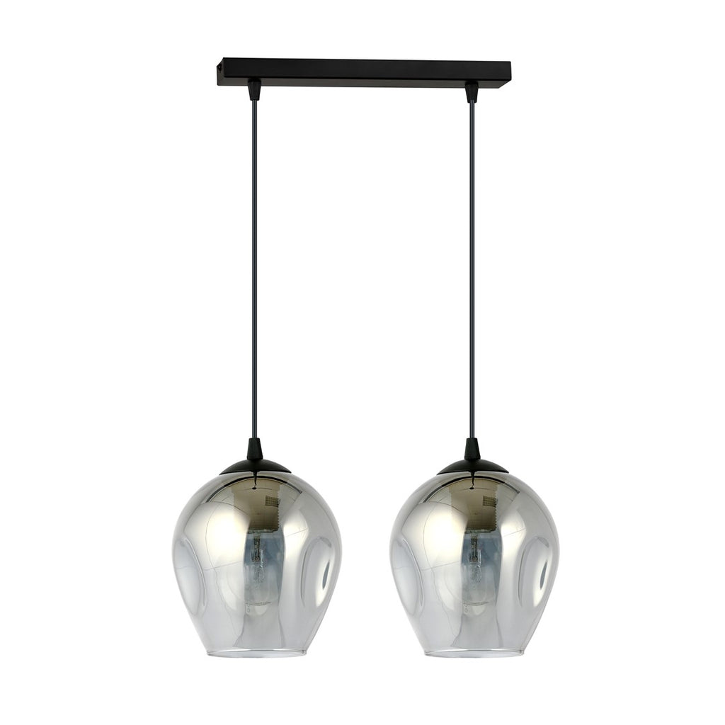 Hanglamp staal en glas Istar 2 lichts, zwart met grafiet glazen kappen, 40 cm breed, woonkamer en eetkamer