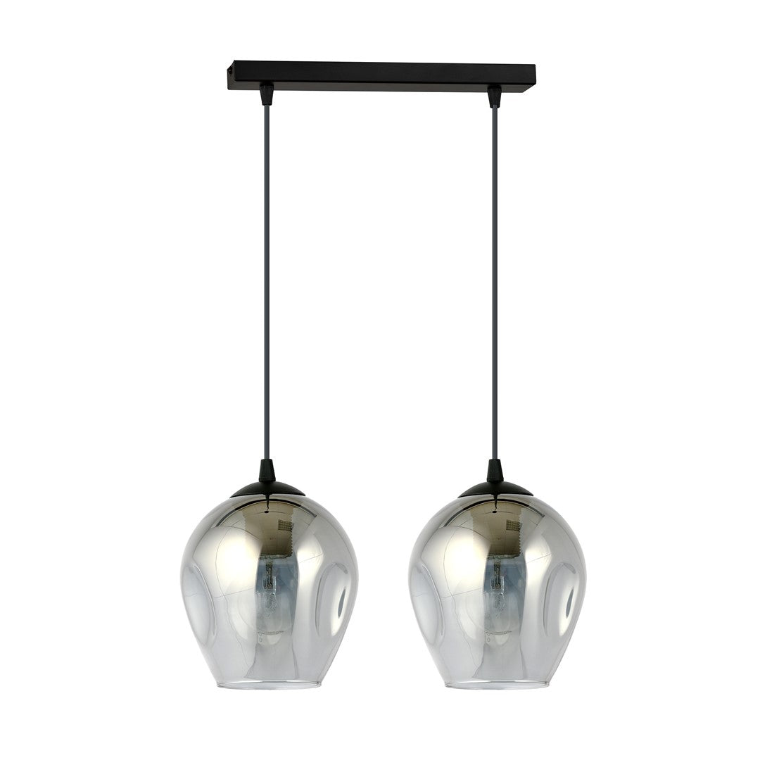 Hanglamp staal en glas Istar 2 lichts, zwart met grafiet glazen kappen, 40 cm breed, woonkamer en eetkamer