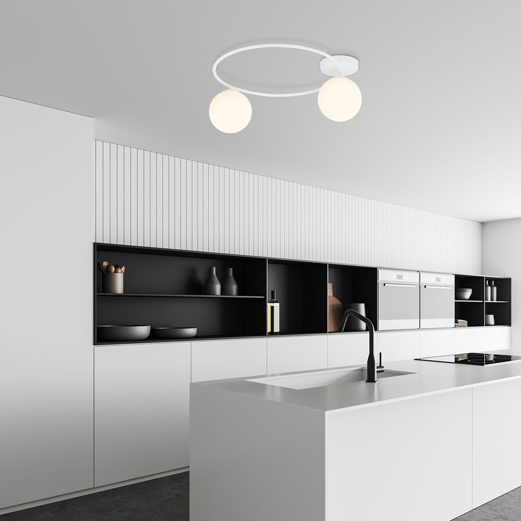 Plafondlamp gepoedercoat staal en glas Sopra 2 minimalistisch wit, 2 lichtpunten E14, breedte 47 cm