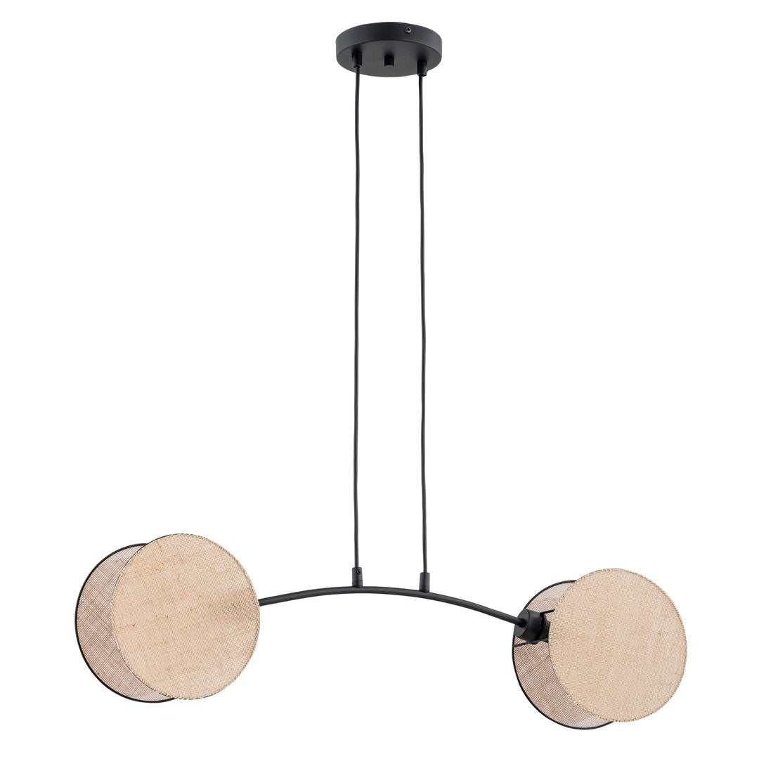 Hanglamp gepoedercoat staal met stoffen kappen Boho Motief zwart en beige, 2 lichtpunten, in hoogte verstelbaar