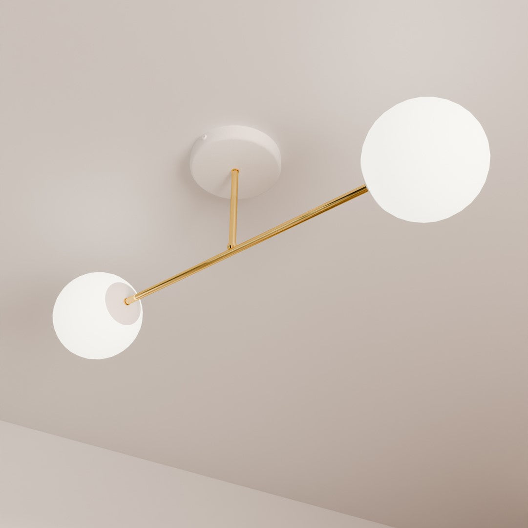 Plafondlamp gepoedercoat staal en glas Magnum 2 glamour, wit en goud – 55 x 23 cm, 2 lichtpunten, woonkamer