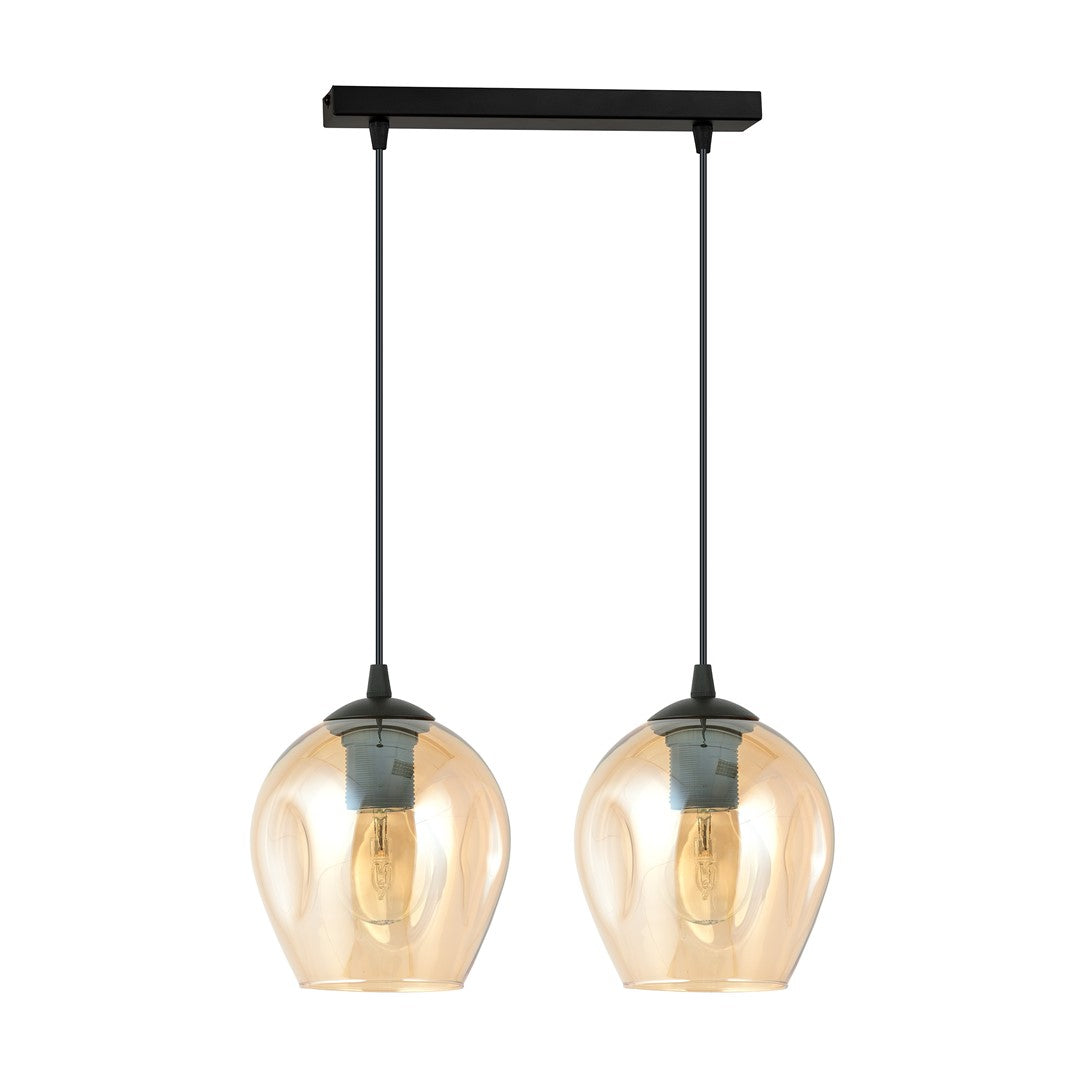 Hanglamp gepoedercoat staal en glas Istar, zwart met amberkleurige glazen kappen Ø 14 cm, 2 lichts, verstelbaar