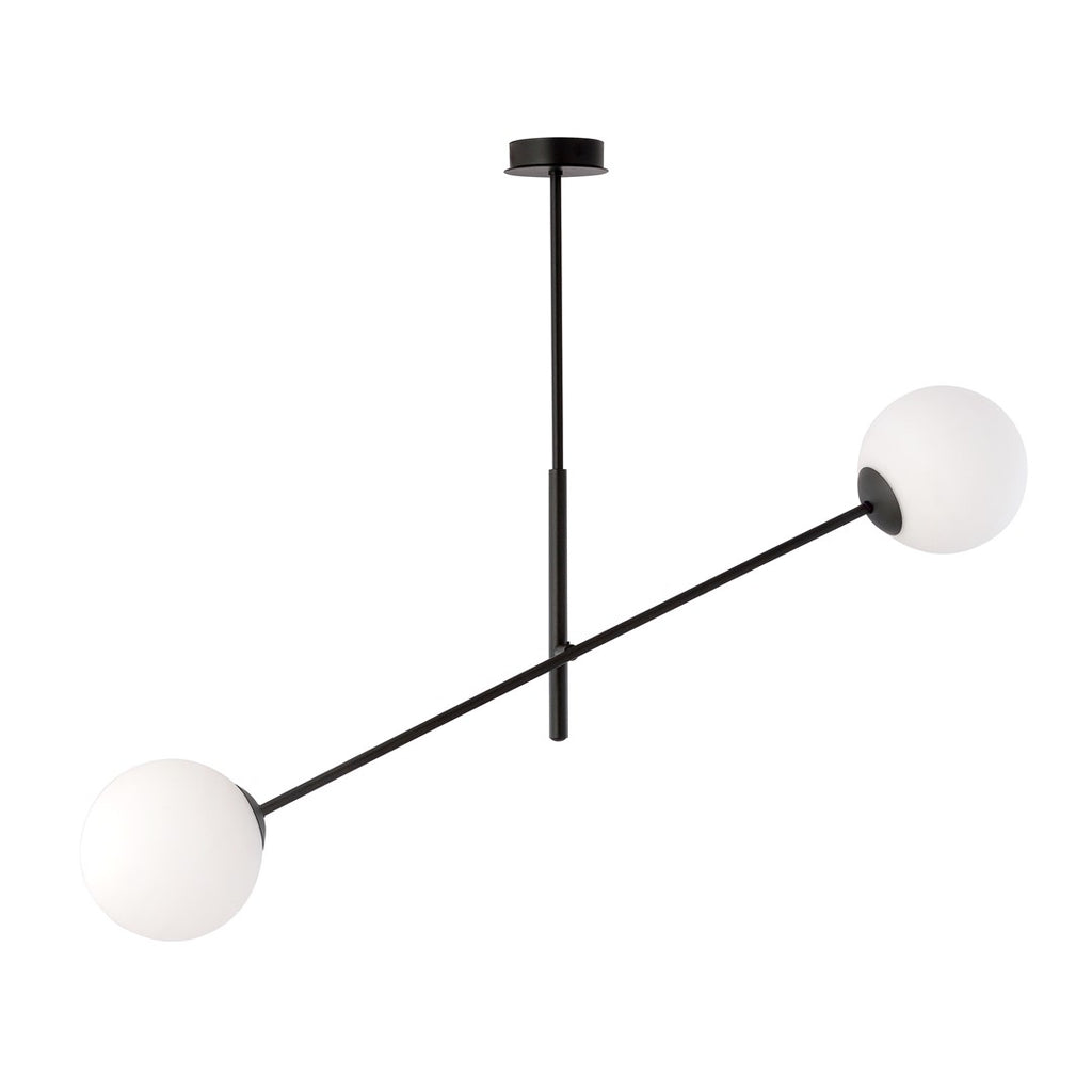 Hanglamp gepoedercoat staal en glas, modern Lineair, zwart met witte glazen kappen, 102 x 51 cm, 2 lichtpunten