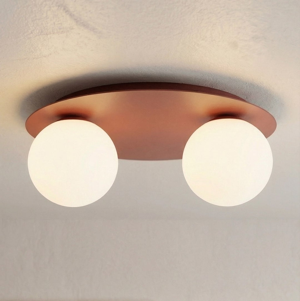 Plafondlamp gepoedercoat staal en glas Solar, bordeaux met 2 witte glazen bollen, 43 cm, woonkamer en slaapkamer