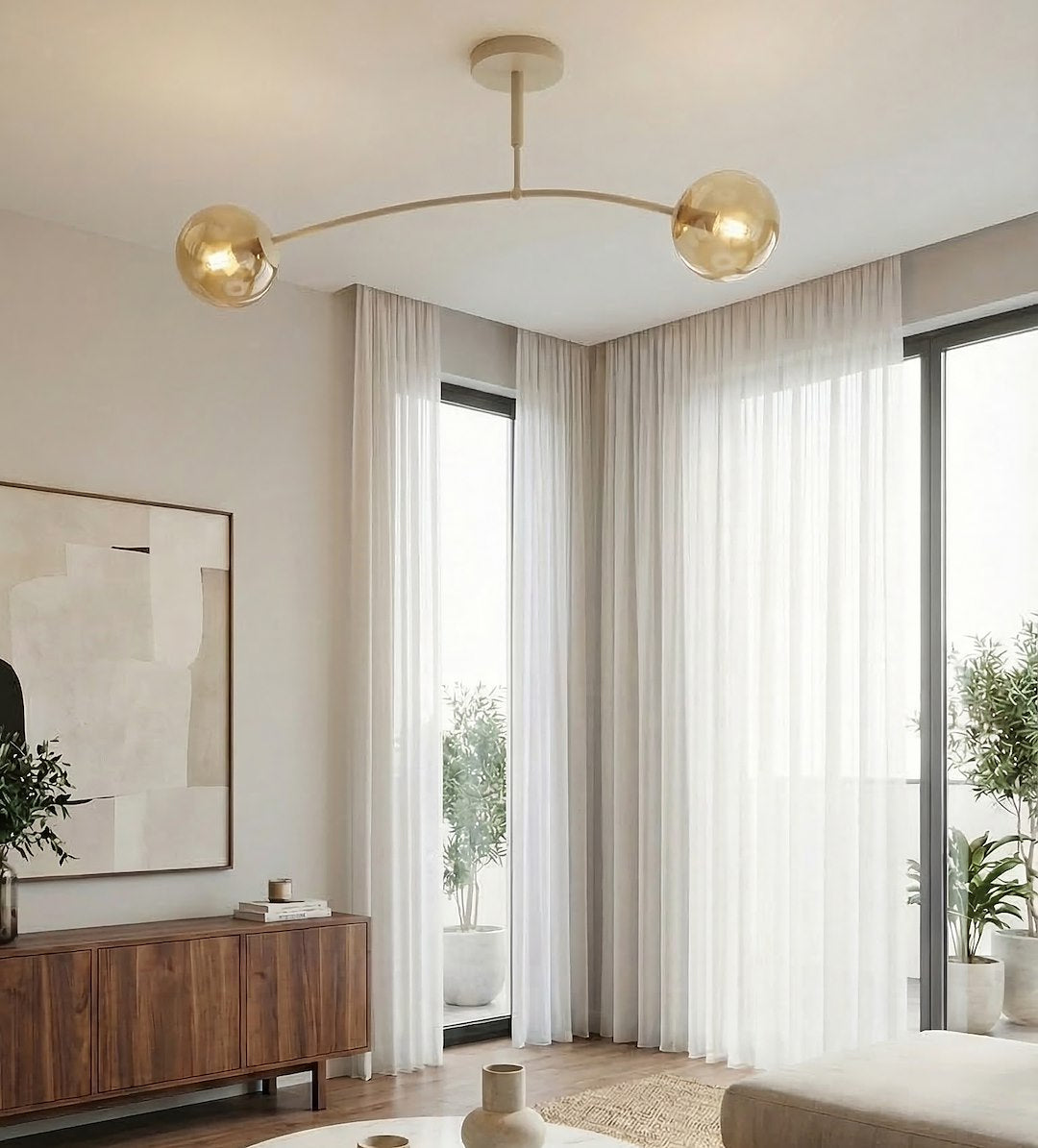 Plafondlamp gepoedercoat staal modern Pregos beige met amber glas, 60 cm, 2 lichtpunten voor woonkamer