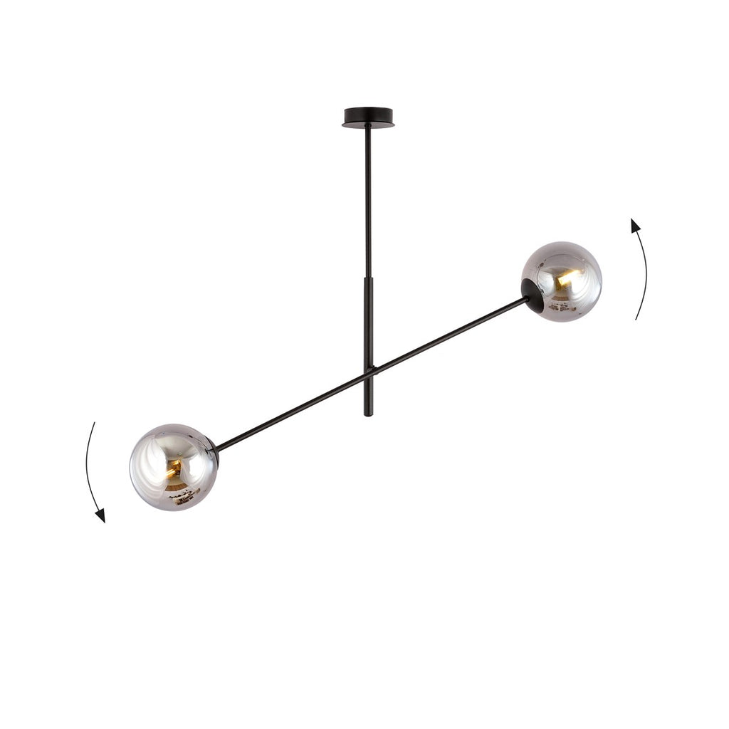 Hanglamp gepoedercoat staal en glas, modern Linear 2 zwart met grafiet glas, 2 lichtpunten, hoogte verstelbaar