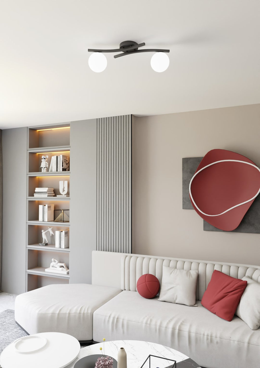 Plafondlamp gepoedercoat staal en glas Opus zwart met witte glazen kappen, 2 lichts E14 – woonkamer, eetkamer, slaapkamer