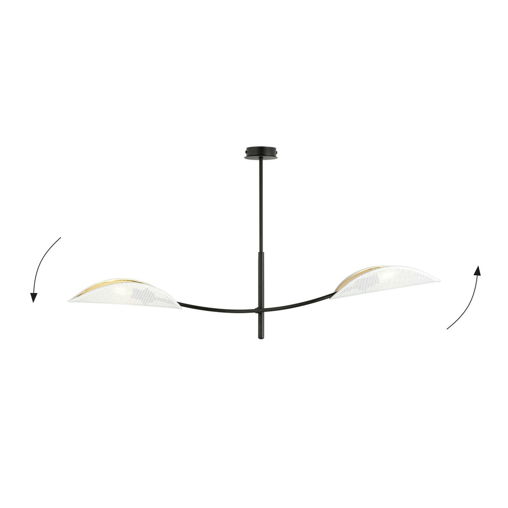 Plafondlamp gepoedercoat staal modern Lotus, zwart met witte stoffen kappen, 2 lichtpunten E14, 103 x 60 cm