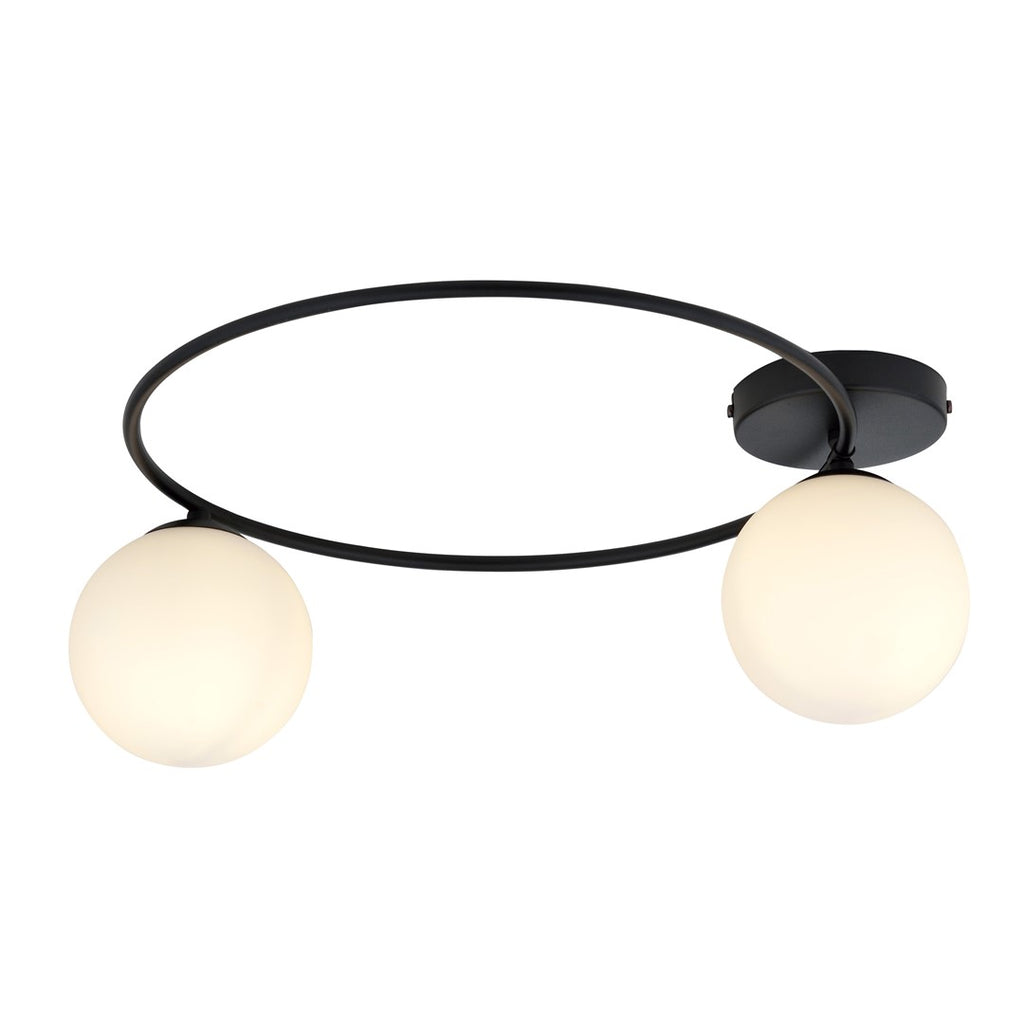Plafondlamp Sopra 2 gepoedercoat staal en glas, minimalistisch, zwart met witte glazen kappen, 47 x 20 cm