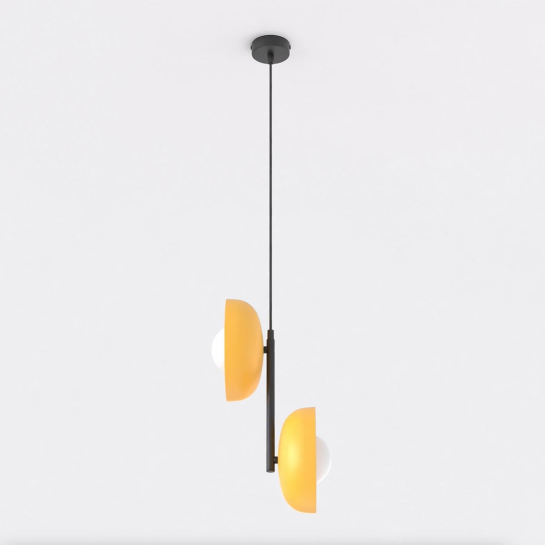 Hanglamp gepoedercoat staal en glas Vanille 2 minimalistisch oranje met witte kappen, 2 lichtpunten G9 voor eetkamer