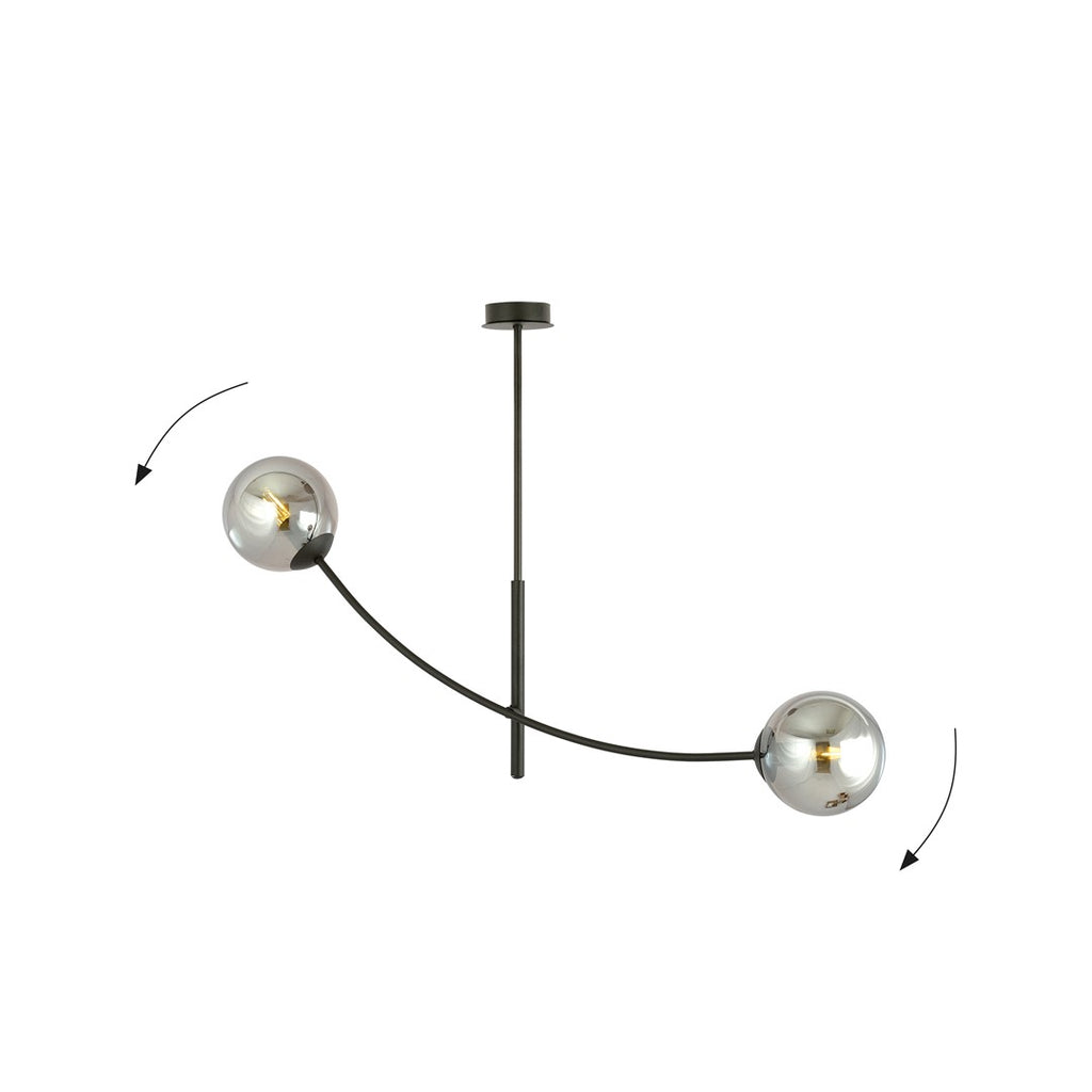 Plafondlamp gepoedercoat staal en glas Hunter 2 zwart met grafiet glazen kappen, 2 lichtpunten E14 – 83 x 60 cm