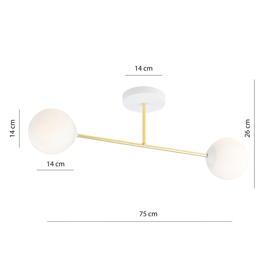 Plafondlamp gepoedercoat staal en glas Magnum 2 glamour, wit en goud – 55 x 23 cm, 2 lichtpunten, woonkamer