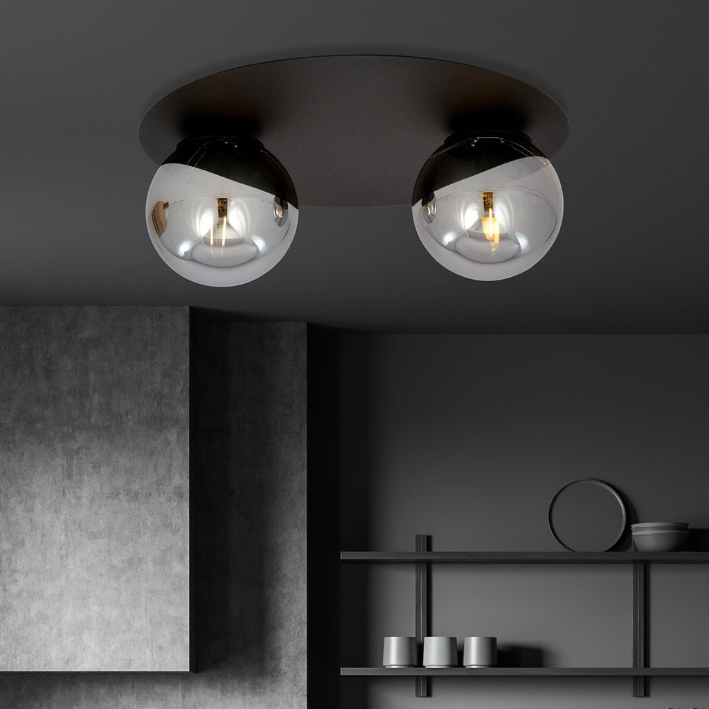 Plafondlamp Solar 2 gepoedercoat staal en glas, zwart met grafiet glazen kappen, 2 lichtpunten, E14