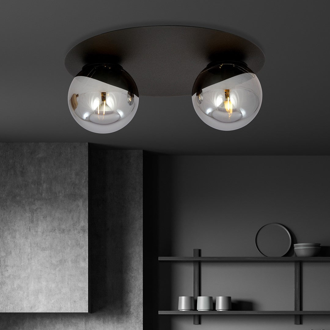 Plafondlamp Solar 2 gepoedercoat staal en glas, zwart met grafiet glazen kappen, 2 lichtpunten, E14