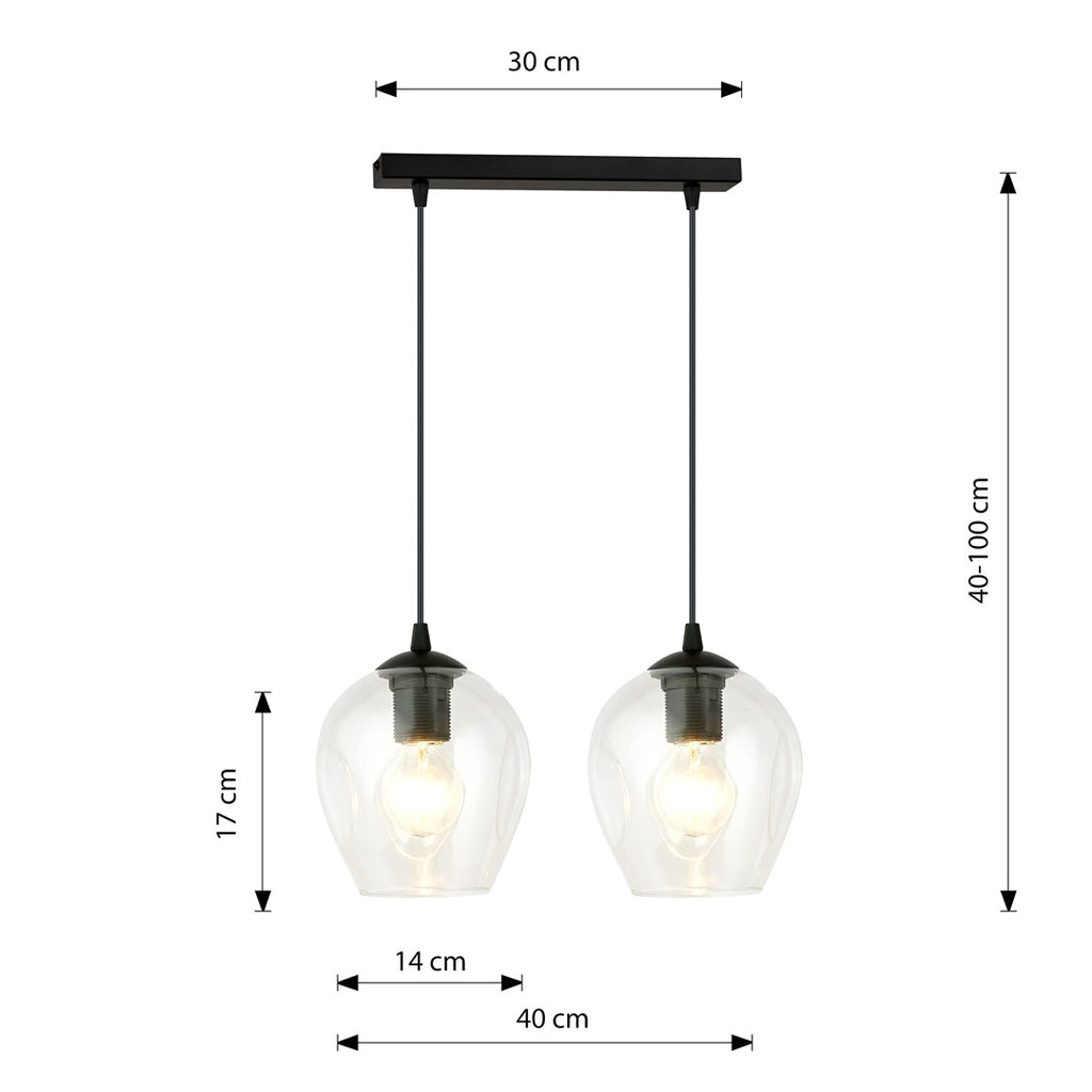 Hanglamp gepoedercoat staal en glas modern zwart met transparante kappen, 2 lichtpunten E27, 40 x 100 cm