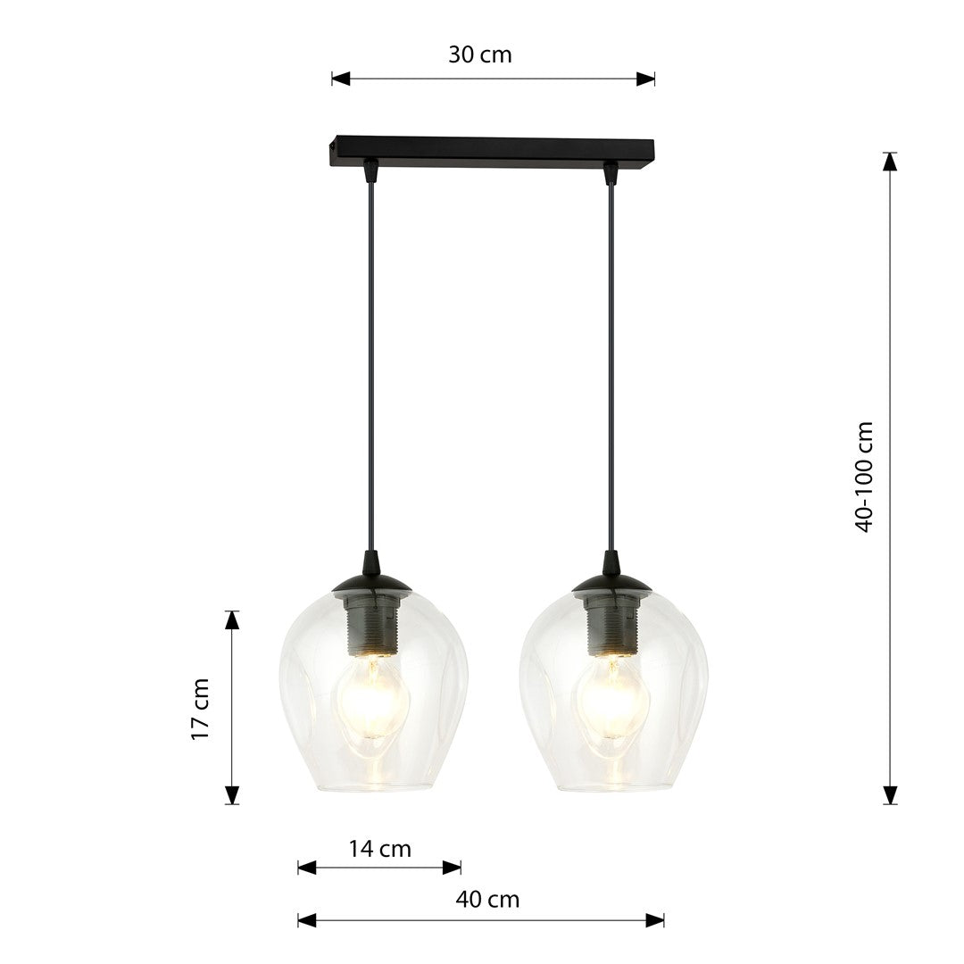 Hanglamp gepoedercoat staal en glas modern zwart met transparante kappen, 2 lichtpunten E27, 40 x 100 cm