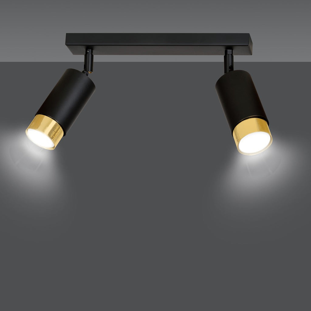 Plafondlamp gepoedercoat staal modern Hiro zwart met goud, 2 richtbare spots, 30 cm breed