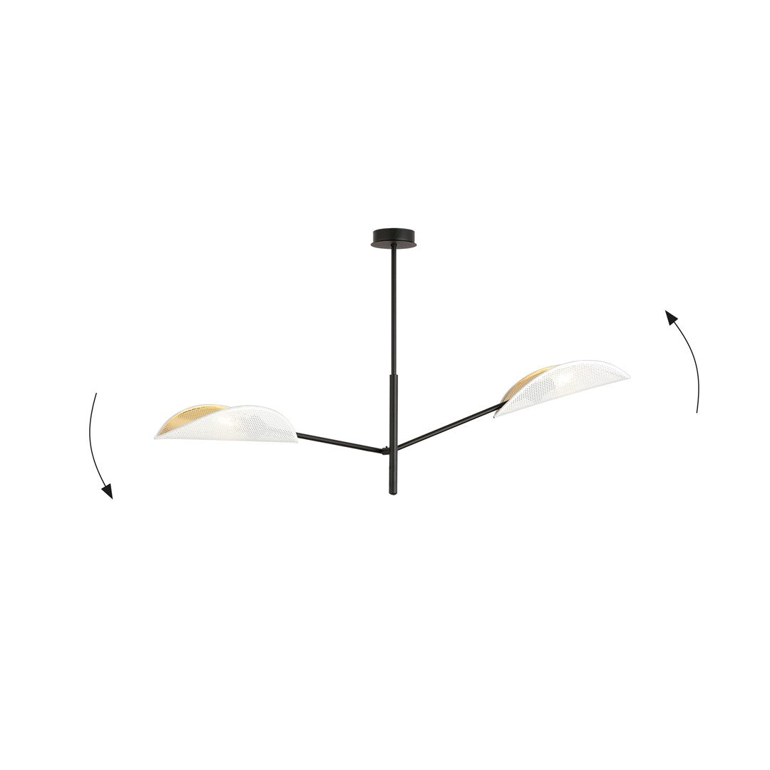 Plafondlamp Vene gepoedercoat staal, modern, zwart met wit en goud, 2 lichtpunten, 102 x 51 cm, woonkamer en slaapkamer