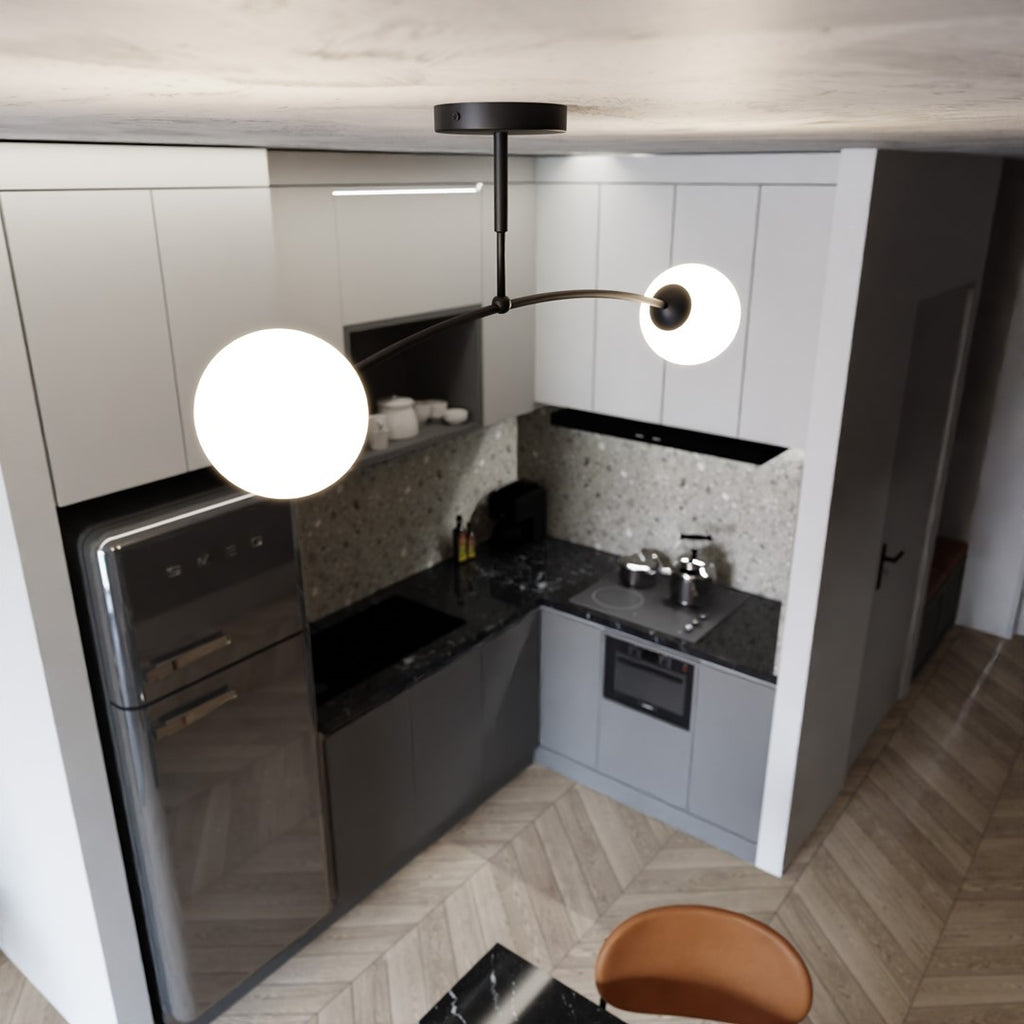 Plafondlamp staal en glas modern Spijkers 2 zwart met witte glazen kappen Ø 15 cm, 2 lichtpunten, E14