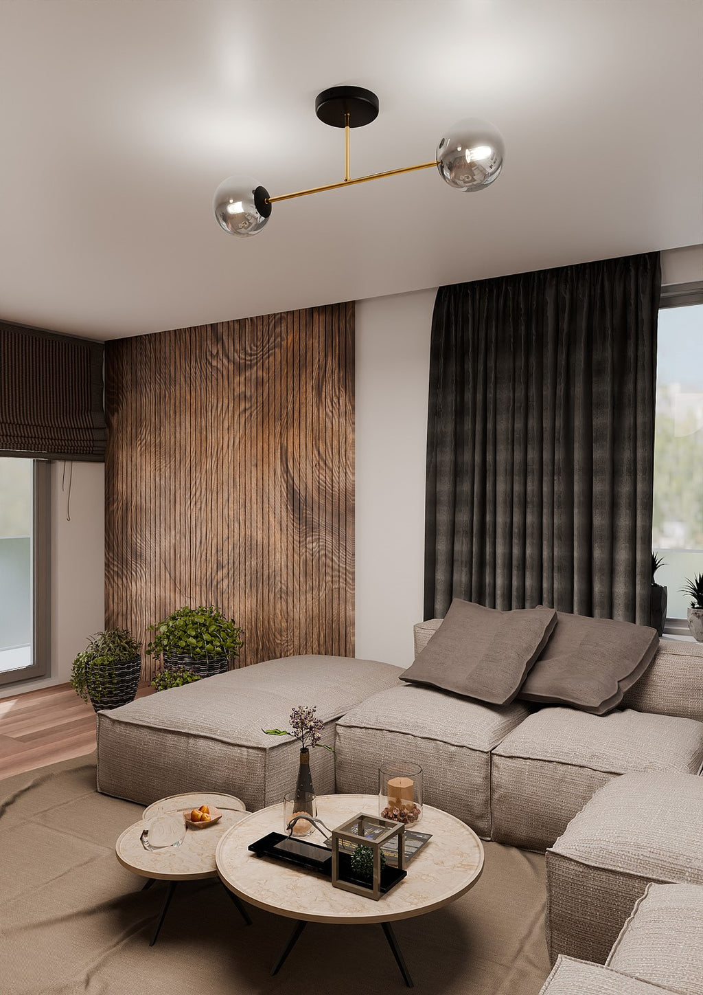 Plafondlamp gepoedercoat staal en glas, Magnum, zwart en goud met grafiet glazen kappen, 2 lichts, 55 cm breed
