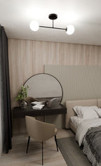 Plafondlamp gepoedercoat staal en glas, Roma modern, zwart met witte kap, 55 cm breed, 2 fittingen E14