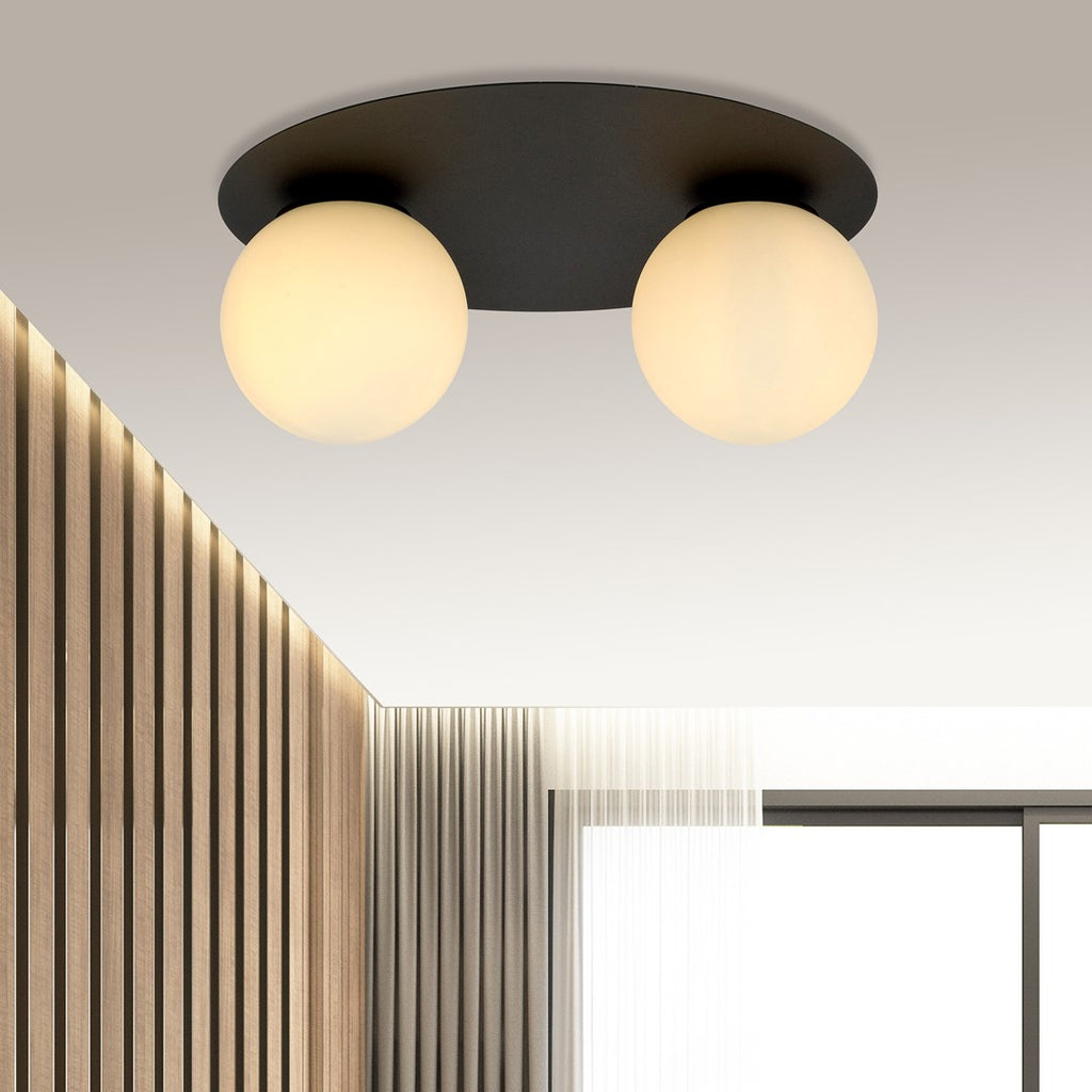 Plafondlamp gepoedercoat staal en glas Solar minimalistisch, zwart met witte kap, 2 lichtpunten, 43 x 19 cm